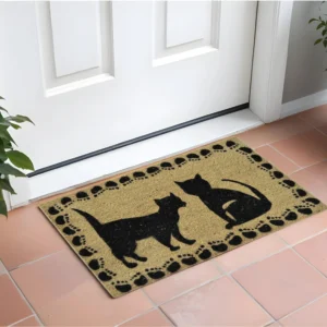 18" X 30" Beige and Black Coir Cat Outdoor Door Mat