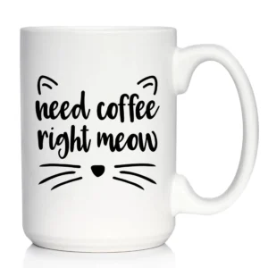 White mug with a playful coffee-related cat quote.