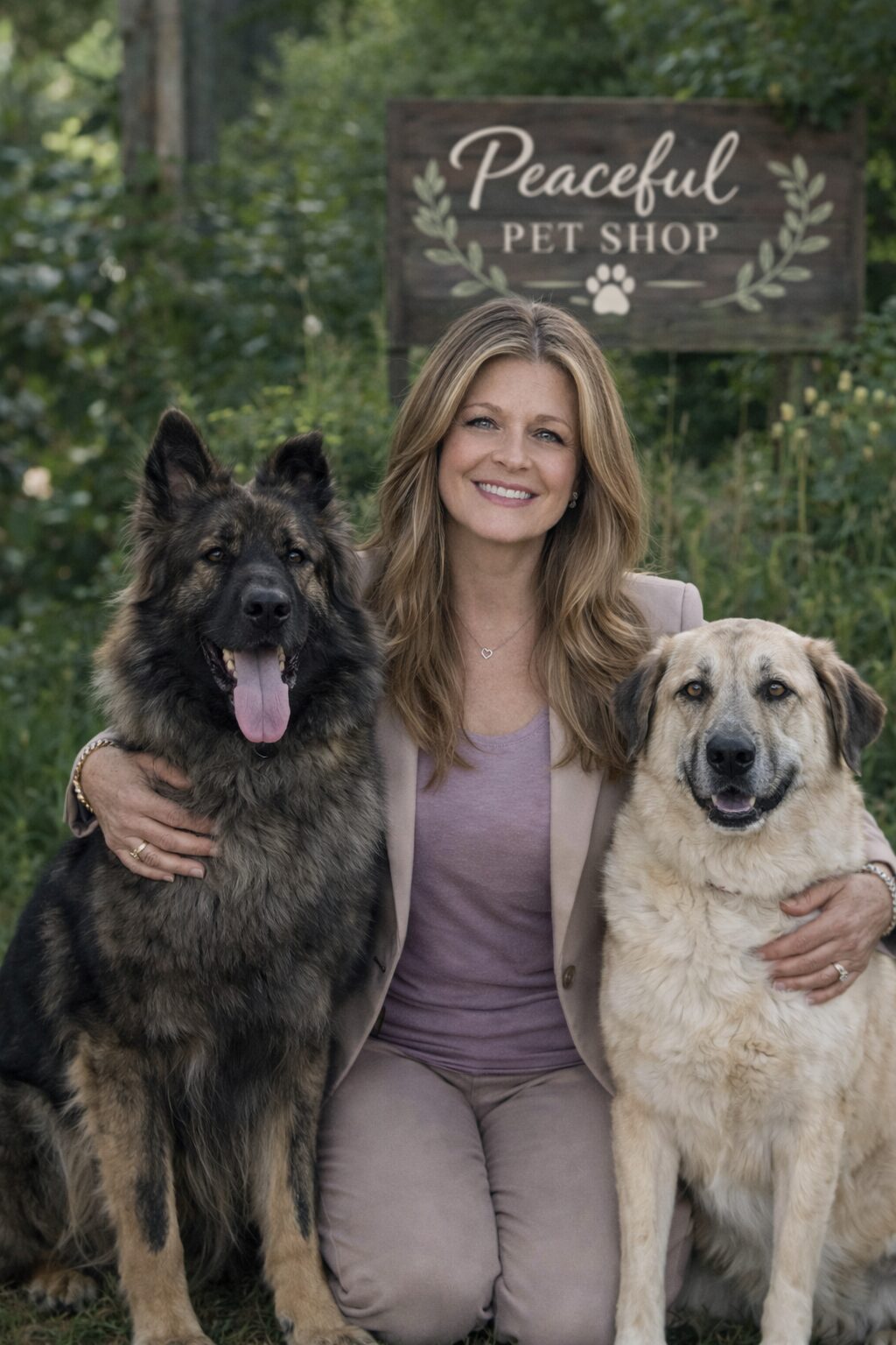 Woman smiling with two large dogs outdoors.