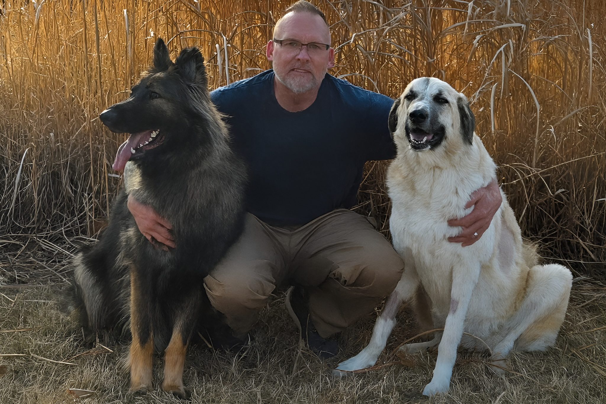 Man sitting outdoors with two large dogs in a field.