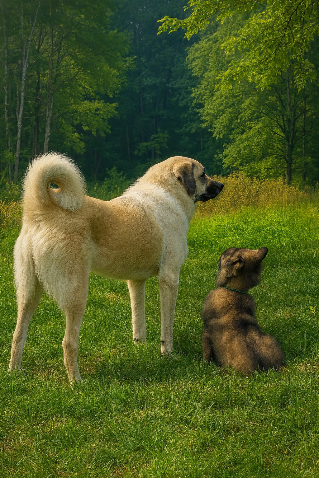 Two dogs, one large and one small, standing and sitting on grass near trees.