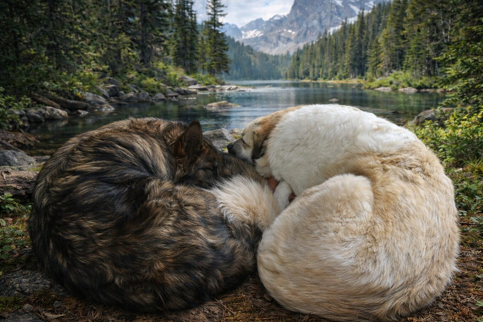 Two dogs curled up together in a peaceful mountain setting.