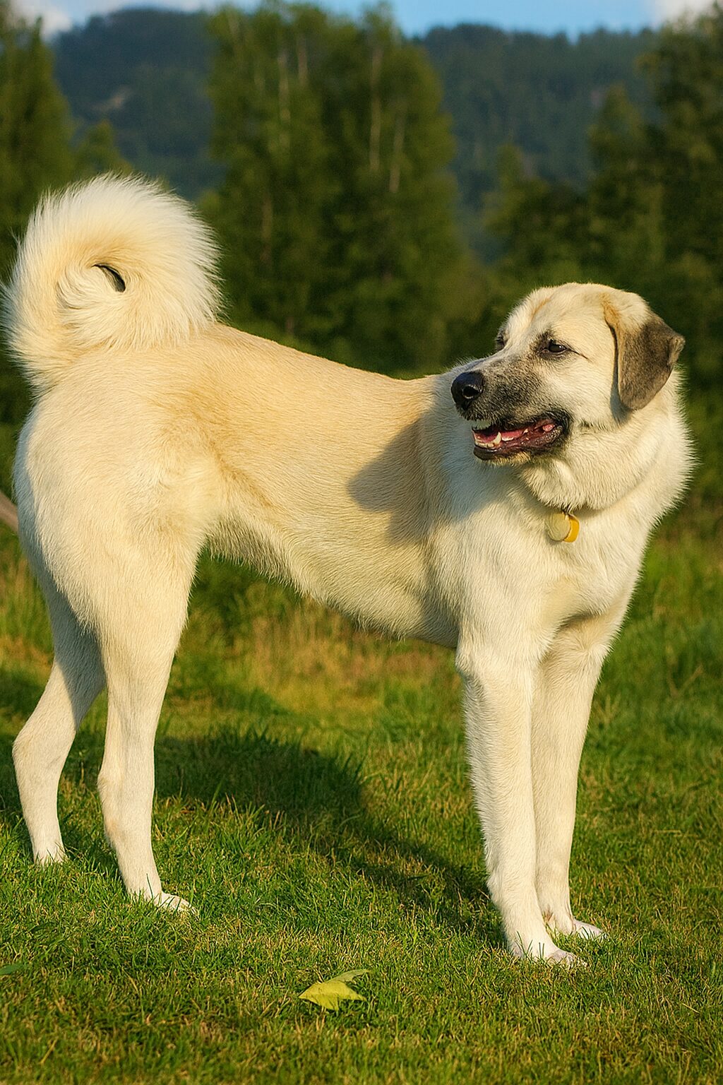 A large, light-colored dog standing on grass looking to the side.
