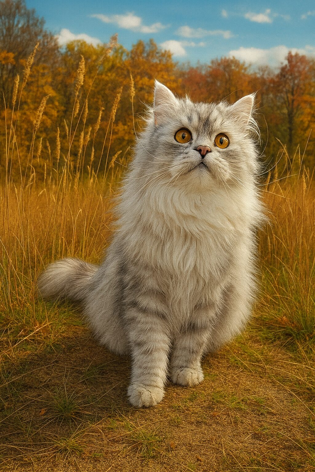 Fluffy gray cat sitting on grass with golden foliage backdrop.