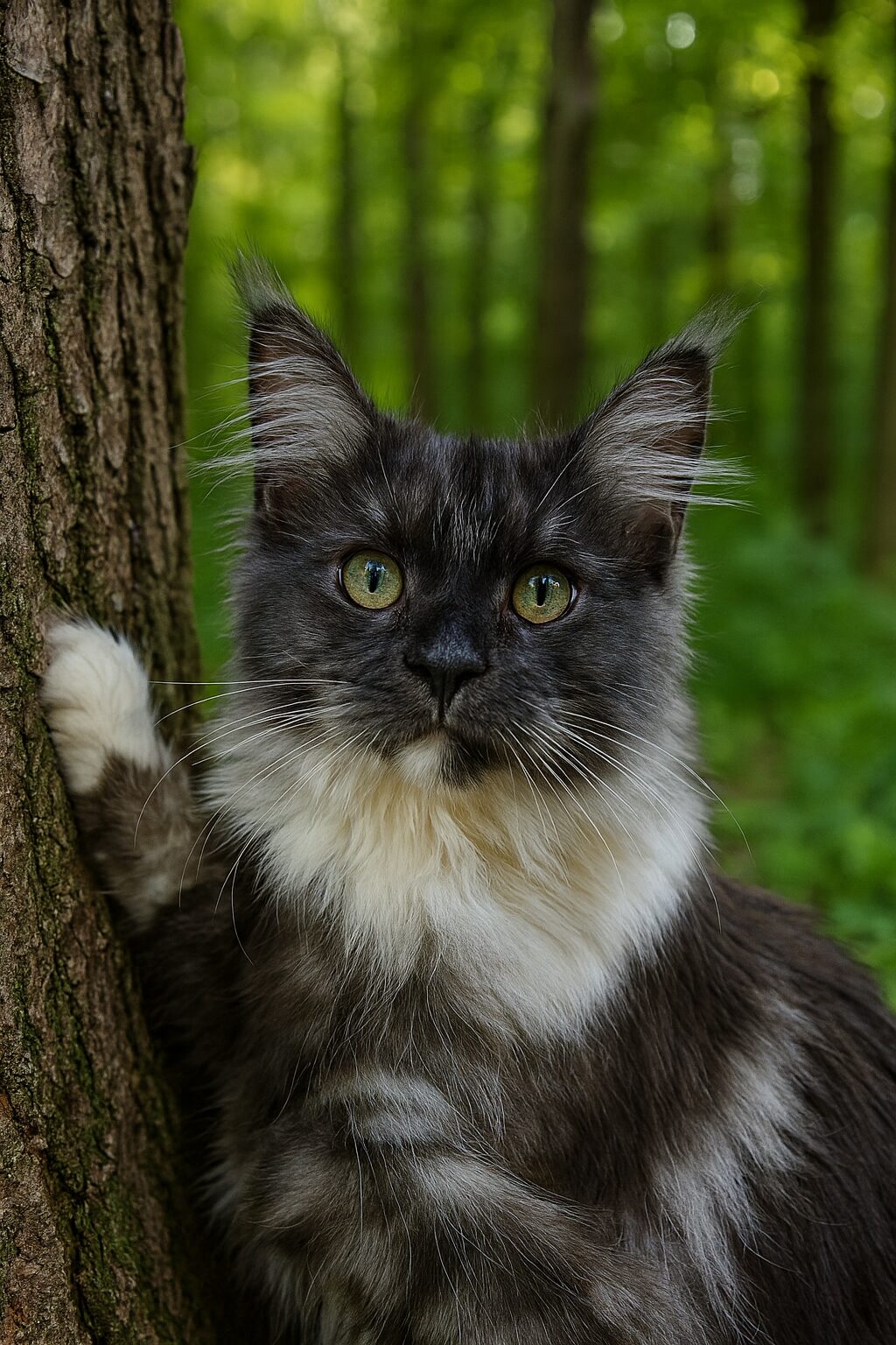 A fluffy black and white cat clinging to a tree trunk in a forest.