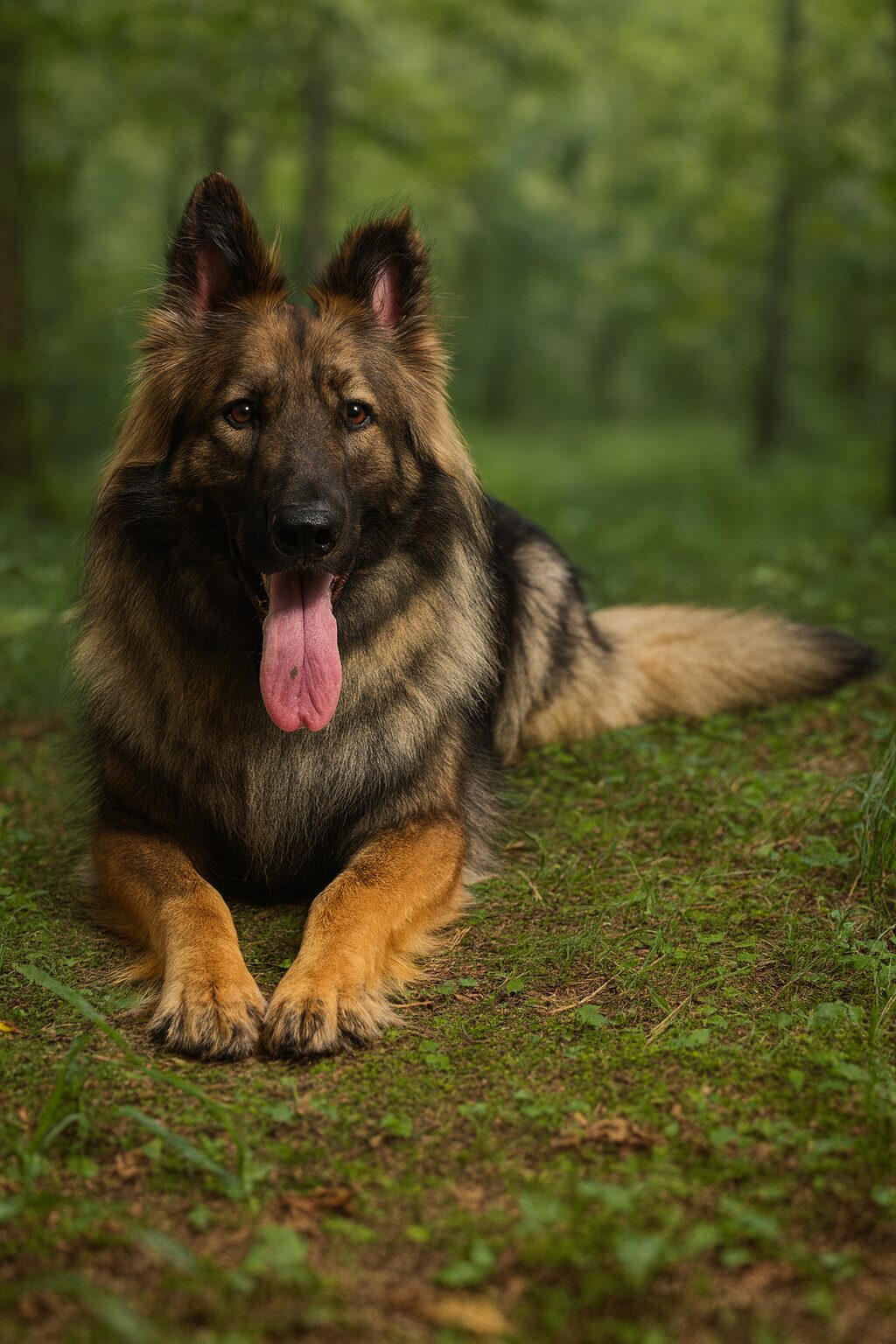 A German Shepherd lying on the grass with tongue out.