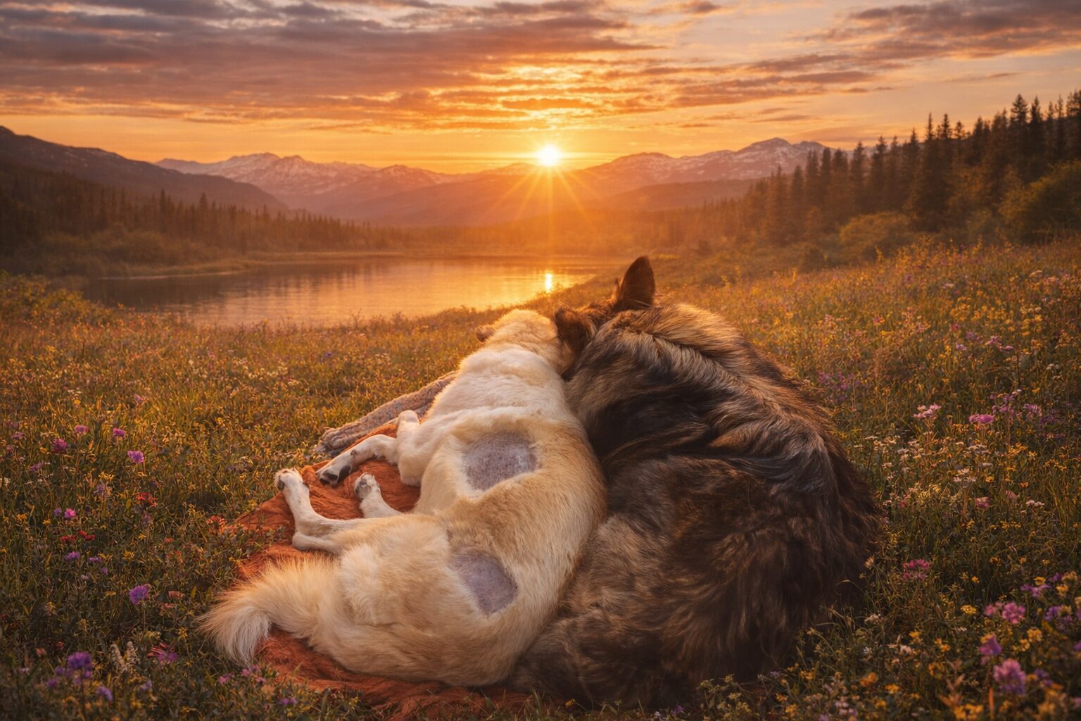 Two dogs cuddling during a beautiful sunset in a misty field.