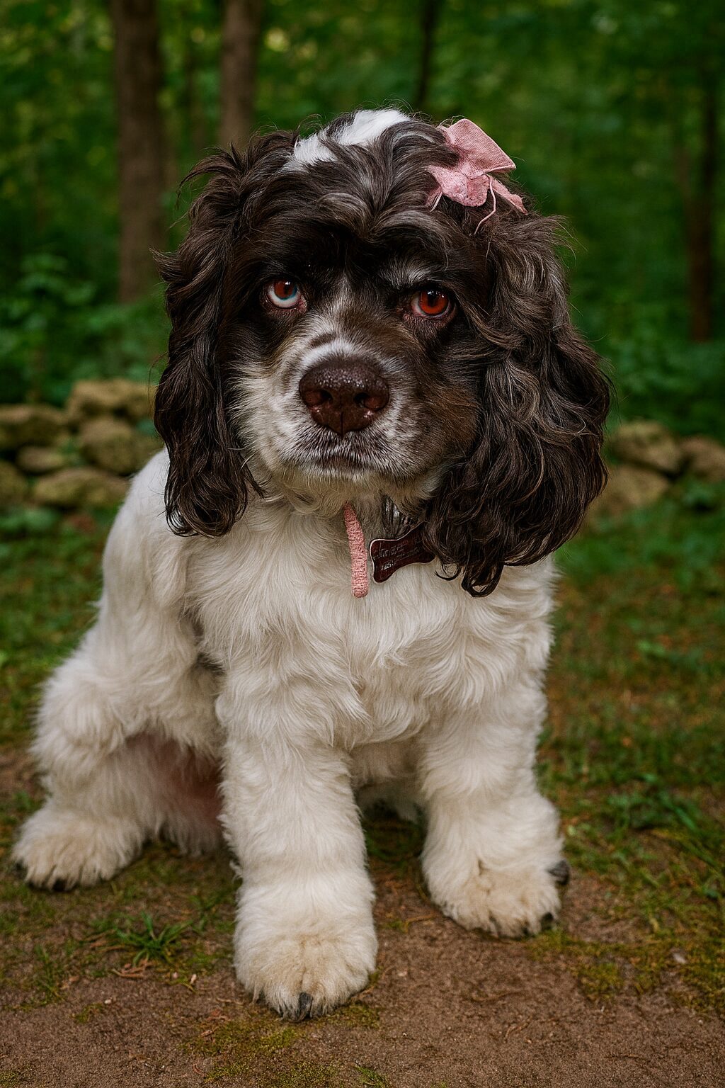 A cute black and white dog with a pink bow and collar sitting outdoors.