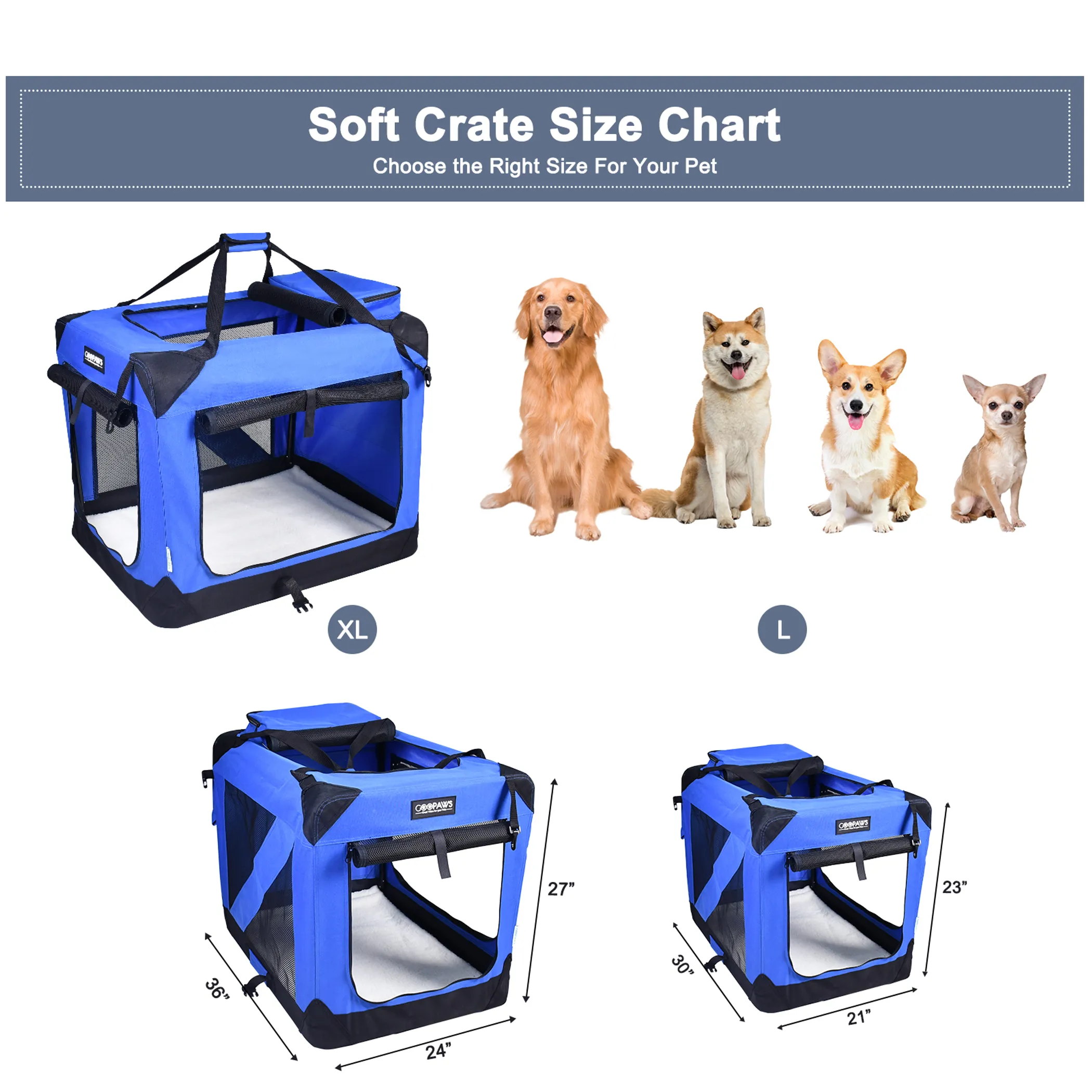 JESPET Soft Pet Crates Kennel, 3 Door Soft Sided Folding Travel Pet Carrier with Straps and Fleece Mat for Dogs, Cats, Rabbits, Indoor/Outdoor Use with Grey, Blue & Beige, Black - Image 3